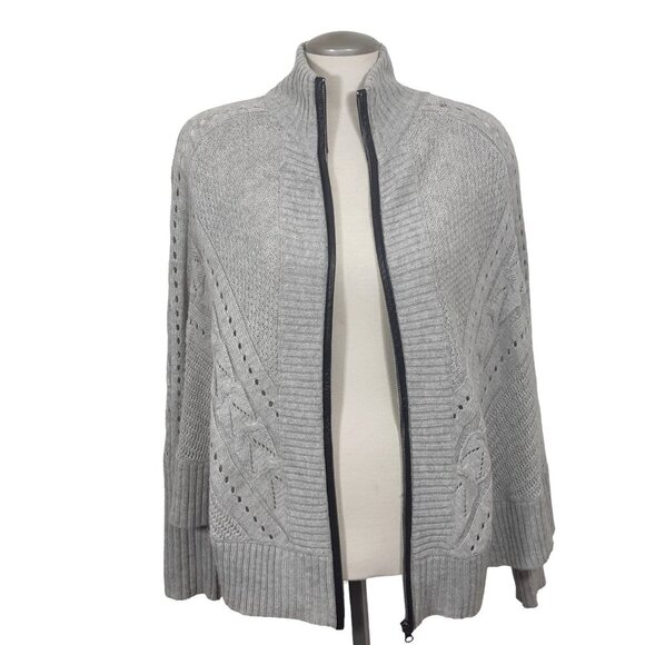 Womens Boxy Cardigan Poncho Med Beige Zip Up Knit Dolman Batwing Sleeve Boho - Picture 4 of 7